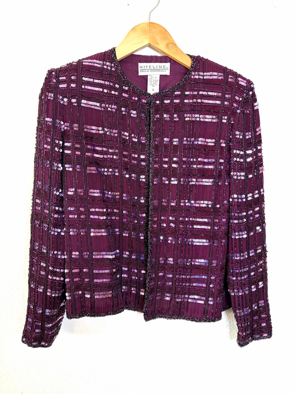 Niteline vintage 100% silk Plum Beaded Sequin evening jacket Blazer S cocktail